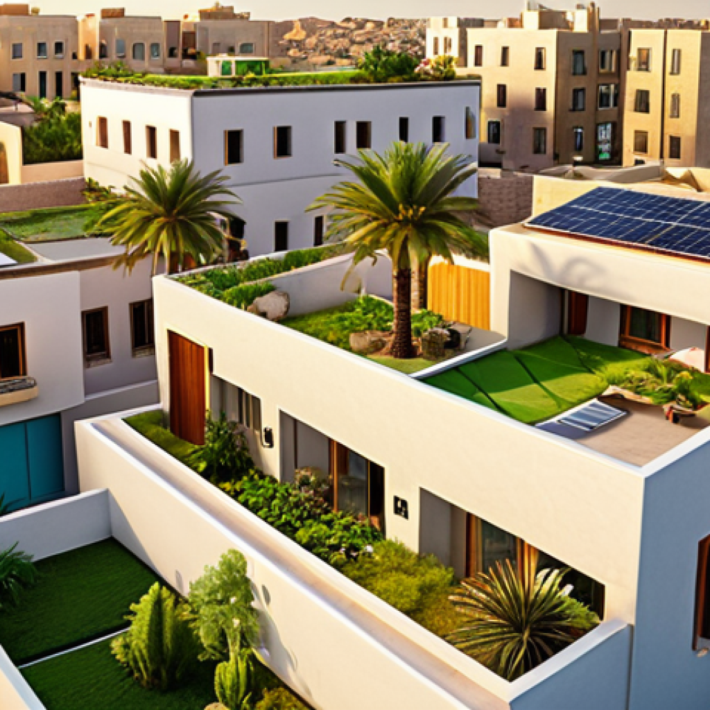 **Image:** A vibrant, modern Middle Eastern neighborhood showcasing buildings constructed with green building materials. Emphasize sustainable designs, solar panels, green roofs, and thriving plant life integrated into the architecture. Capture a sense of community and eco-consciousness. Evening light, with soft shadows enhancing the architectural details.