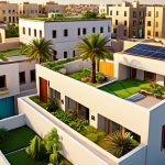 **Image:** A vibrant, modern Middle Eastern neighborhood showcasing buildings constructed with green building materials. Emphasize sustainable designs, solar panels, green roofs, and thriving plant life integrated into the architecture. Capture a sense of community and eco-consciousness. Evening light, with soft shadows enhancing the architectural details.