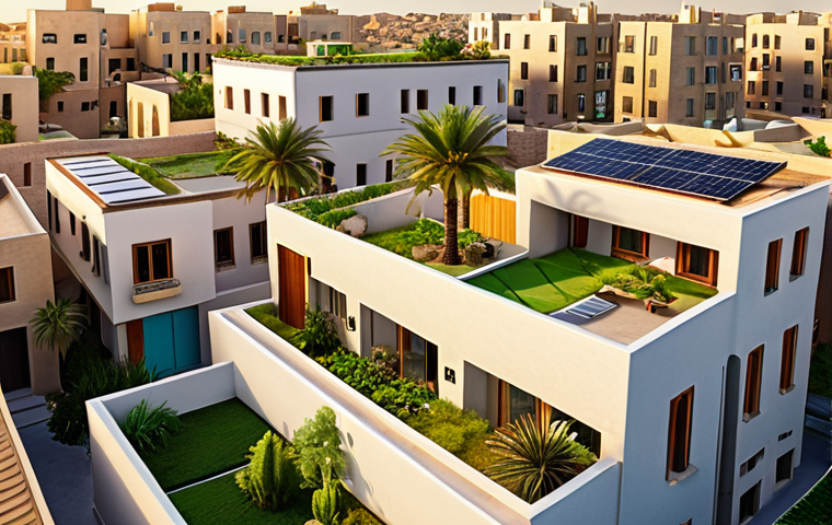 **Image:** A vibrant, modern Middle Eastern neighborhood showcasing buildings constructed with green building materials. Emphasize sustainable designs, solar panels, green roofs, and thriving plant life integrated into the architecture. Capture a sense of community and eco-consciousness. Evening light, with soft shadows enhancing the architectural details.
