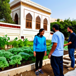 A group of diverse adults and young people, fully clothed in modest, everyday attire, are actively collaborating on an urban revitalization project in a vibrant Middle Eastern city neighborhood. They are tending to a newly established community garden in front of a beautifully restored traditional building with intricate architectural details. The scene conveys a sense of hope and progress, with natural sunlight illuminating the well-formed hands engaged in planting. The background shows other clean, revitalized streets and happy community members. safe for work, appropriate content, professional development, perfect anatomy, correct proportions, natural pose, well-formed hands, proper finger count, natural body proportions, professional photography, high quality, family-friendly.