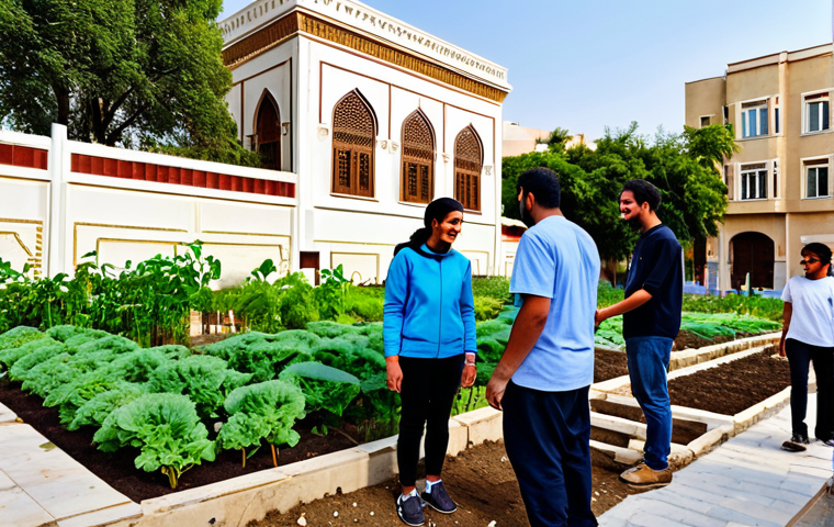 A group of diverse adults and young people, fully clothed in modest, everyday attire, are actively collaborating on an urban revitalization project in a vibrant Middle Eastern city neighborhood. They are tending to a newly established community garden in front of a beautifully restored traditional building with intricate architectural details. The scene conveys a sense of hope and progress, with natural sunlight illuminating the well-formed hands engaged in planting. The background shows other clean, revitalized streets and happy community members. safe for work, appropriate content, professional development, perfect anatomy, correct proportions, natural pose, well-formed hands, proper finger count, natural body proportions, professional photography, high quality, family-friendly.