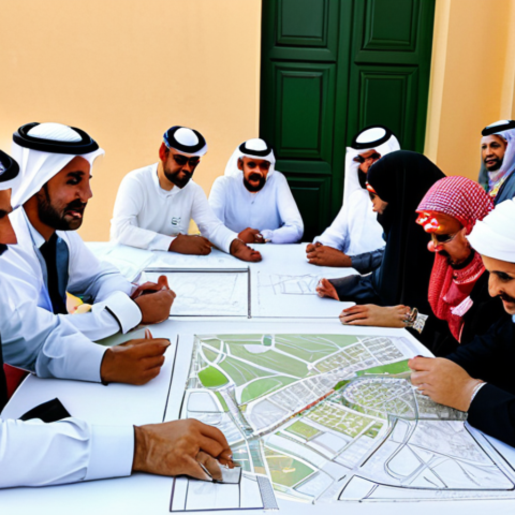 ** "Community workshop in Jeddah, Saudi Arabia. Local residents and urban planners collaborating on designs for new green spaces in the Al-Rawda neighborhood. Participants are fully clothed in professional attire. Tables with architectural drawings and maps. Focus on positive collaboration and community spirit. Bright, daylight setting. Safe for work, appropriate content, professional, modest, perfect anatomy, correct proportions, natural pose, well-formed hands, proper finger count, natural body proportions." **