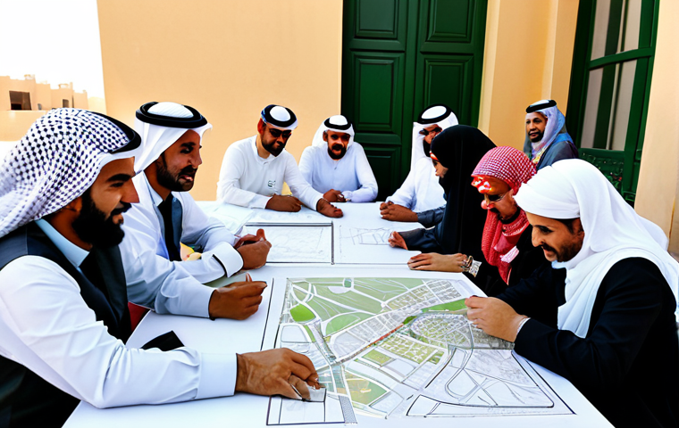 ** "Community workshop in Jeddah, Saudi Arabia. Local residents and urban planners collaborating on designs for new green spaces in the Al-Rawda neighborhood. Participants are fully clothed in professional attire. Tables with architectural drawings and maps. Focus on positive collaboration and community spirit. Bright, daylight setting. Safe for work, appropriate content, professional, modest, perfect anatomy, correct proportions, natural pose, well-formed hands, proper finger count, natural body proportions." **