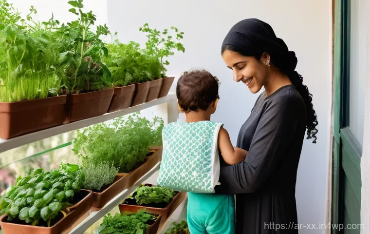 주민의 생태적 가치관 변화 사례 - **Sustainable Living & Home Gardening:** A heartwarming image of an Arab family – a mother, father, ...