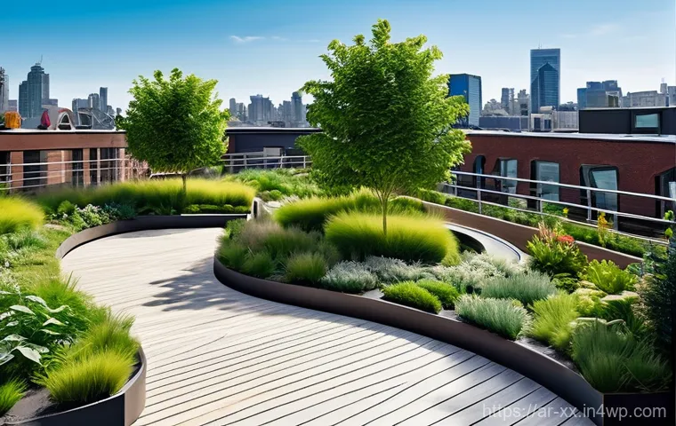 생태적 회복력을 위한 도시재생 전략 - **Urban Oasis: Rooftop Garden Community** A vibrant, sun-drenched urban rooftop garden. The scen...