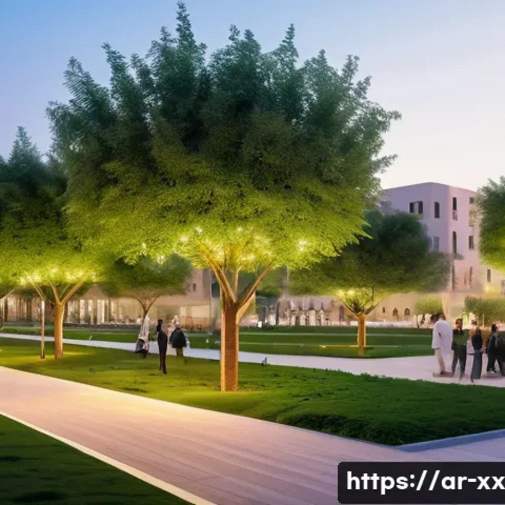 지속 가능한 커뮤니티 구축과 도시재생 - A vibrant urban park in a Middle Eastern city featuring lush greenery integrated within modern smart...