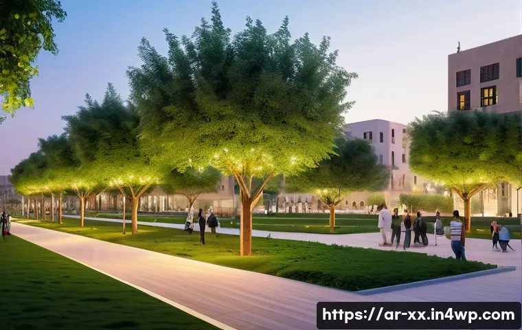 지속 가능한 커뮤니티 구축과 도시재생 - A vibrant urban park in a Middle Eastern city featuring lush greenery integrated within modern smart...