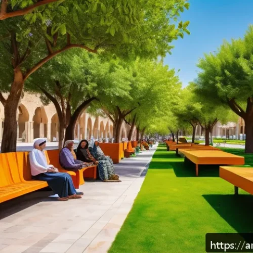 Home 32 도시재생과 기후 변화 완화의 연관성 - A vibrant urban park in a Middle Eastern city, transformed from an abandoned lot into a lush green s...