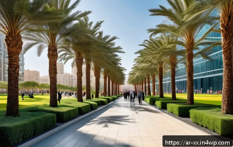도시재생과 환경 보호의 조화 - A modern urban park in a Middle Eastern city featuring expansive multifunctional green spaces with s...