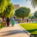 Home 23 도시의 생태적 전환을 위한 로드맵 - A vibrant urban park scene in a Middle Eastern city during golden hour, featuring diverse groups of ...