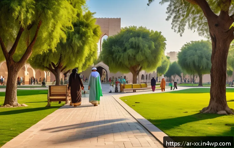 도시의 생태적 전환을 위한 로드맵 - A vibrant urban park scene in a Middle Eastern city during golden hour, featuring diverse groups of ...
